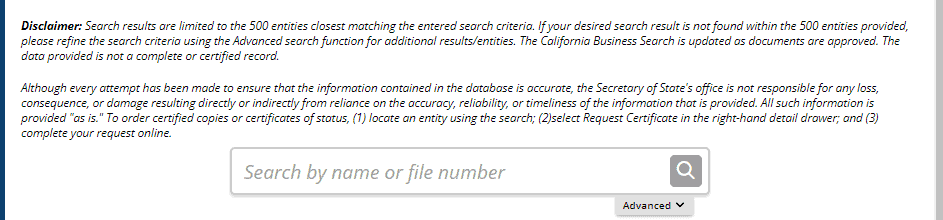 California Business Entity Search Form