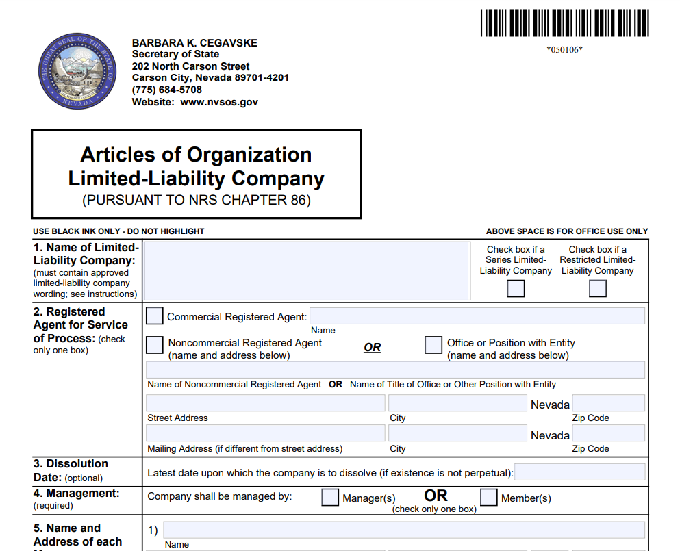 Articles of Organization in Nevada for LLC Online Form