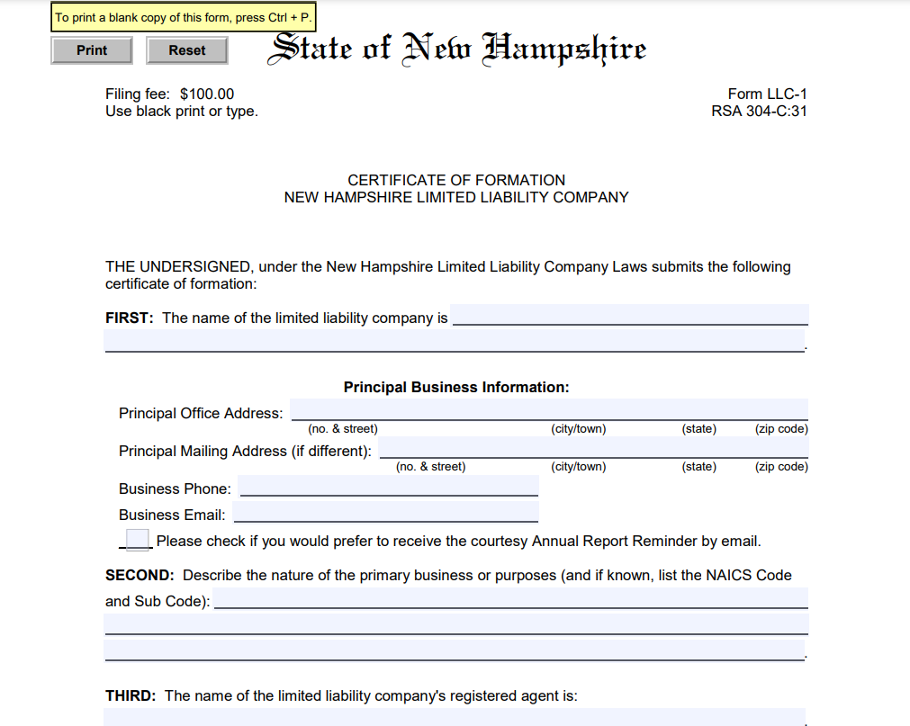 Certificate of Formation in New Hampshire for LLC Online Form